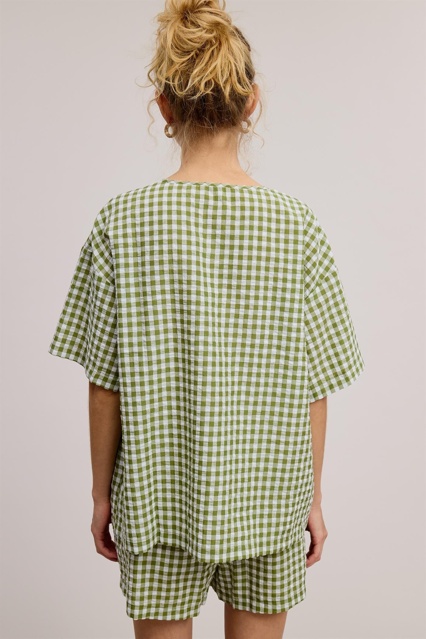 Gingham Ribbon Tie Shorts Set - Green