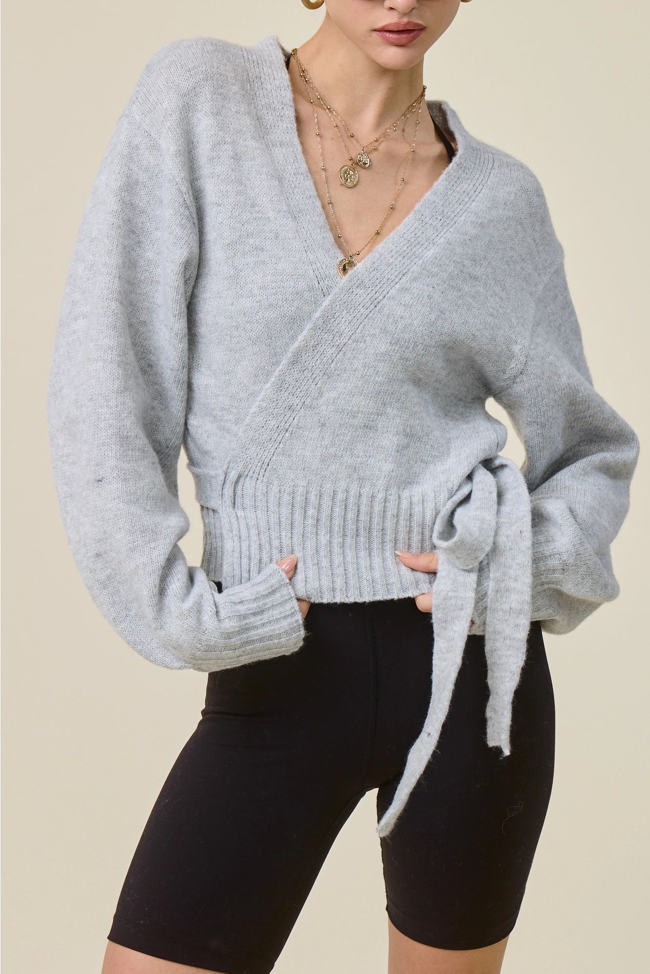 Wrap Tie Knit Sweater - Heather Grey