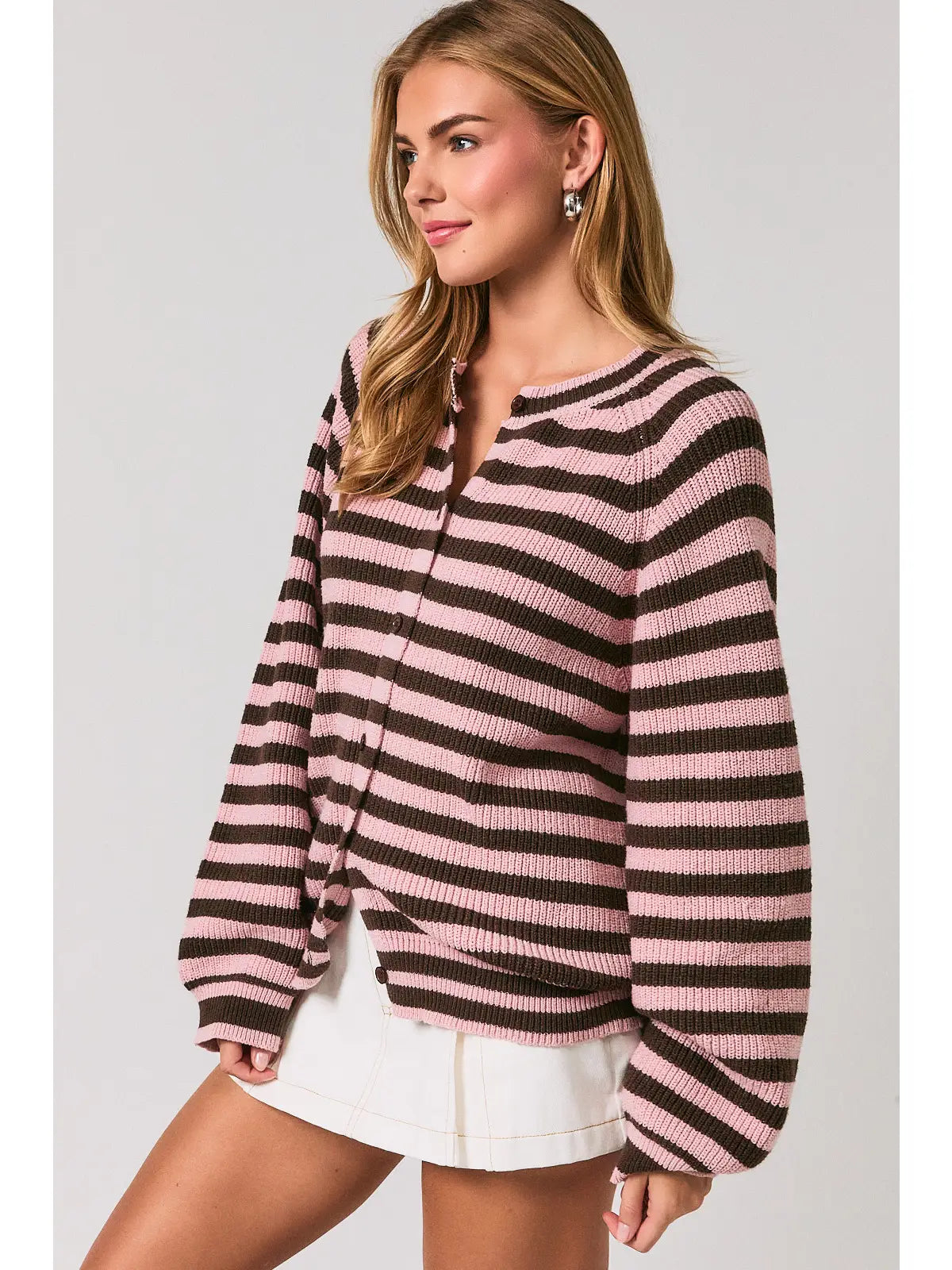 Striped Knit Cardigan - Blush Brown