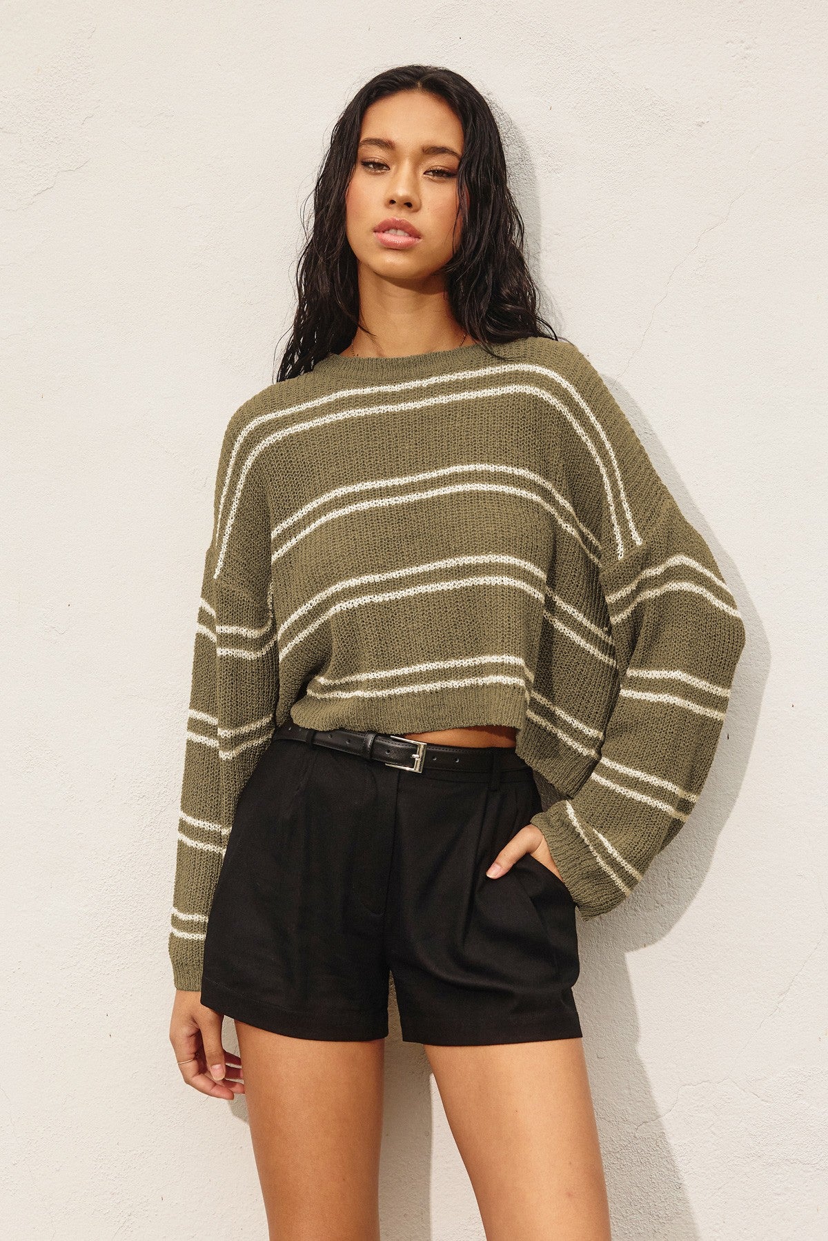 Double Stripe Knit Sweater - Olive