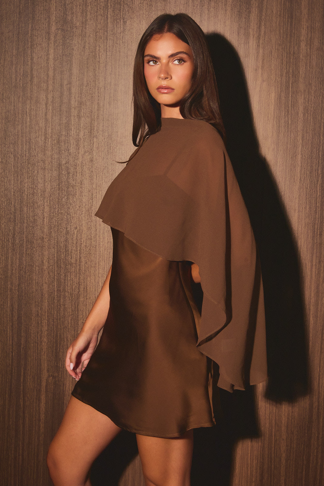 Satin Sheer Cape Mini Dress - Brown