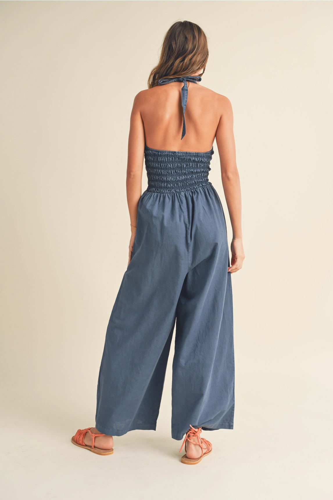 Smocked Denim Jumpsuit - Blue
