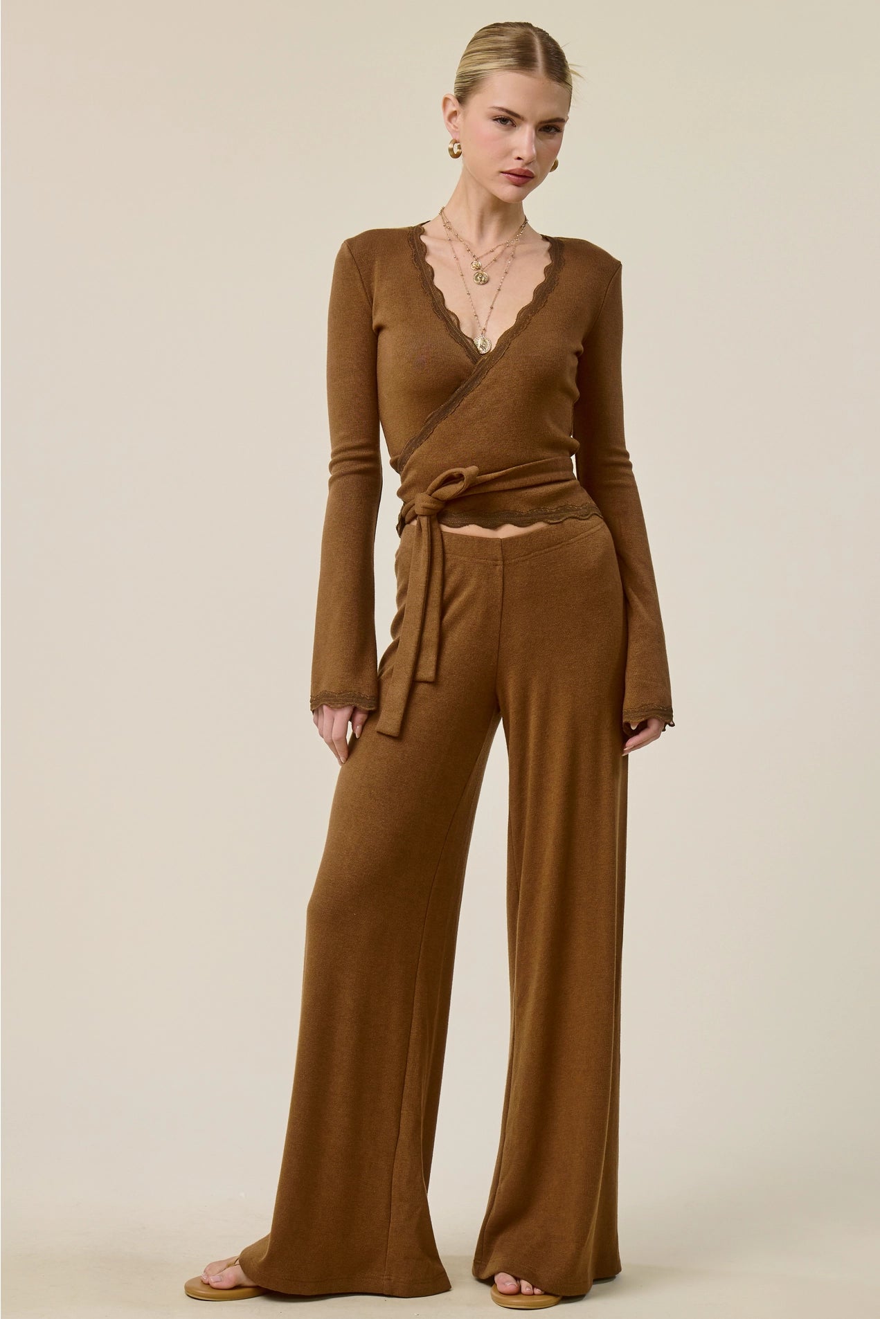 Scallop Wrap Top & Pants Set - Walnut