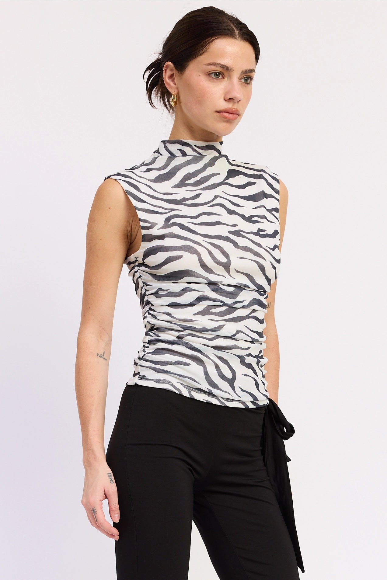 Printed Mock Neck Mesh Top - Zebra