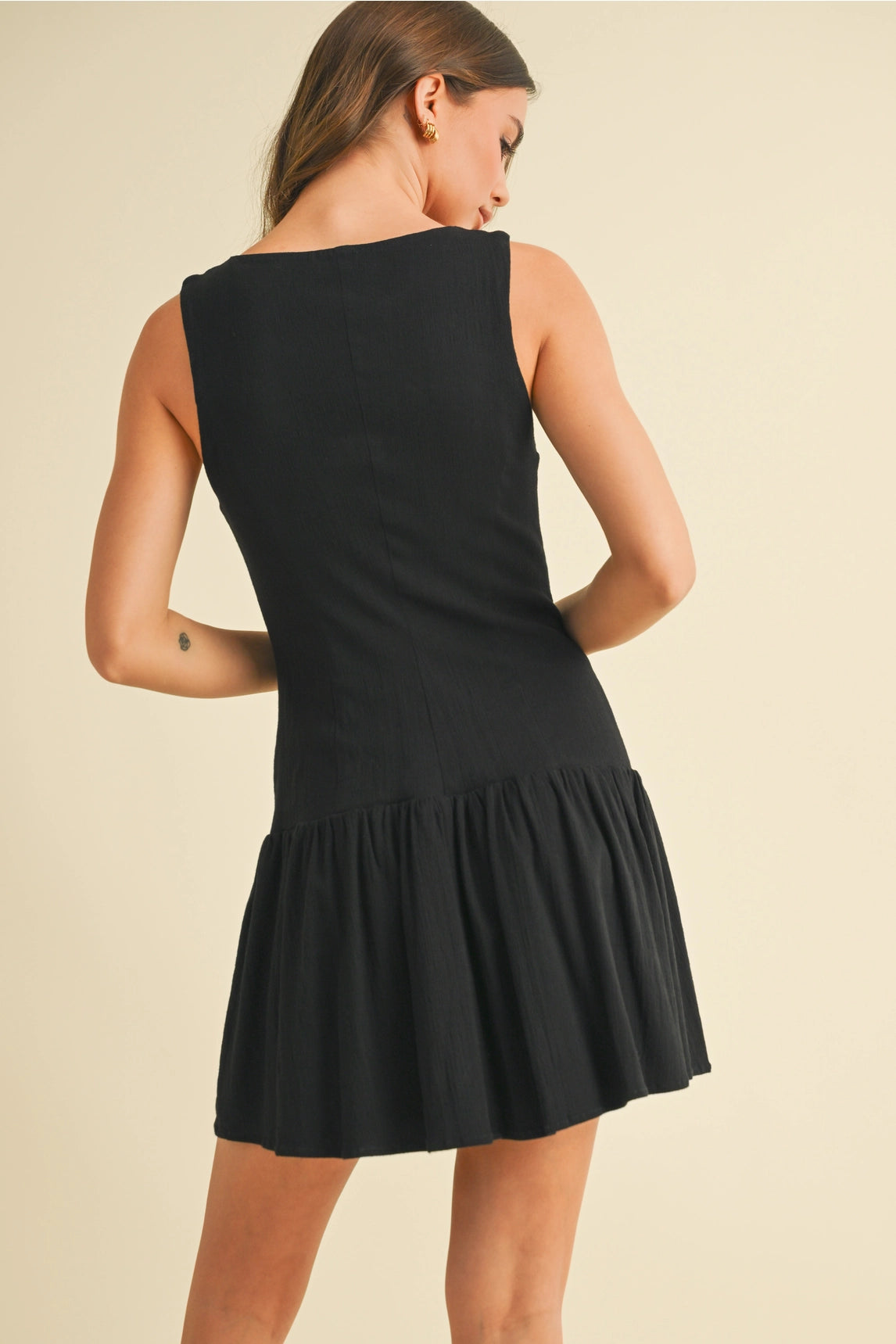 Stretchy Linen Drop Waist Mini Dress - Black