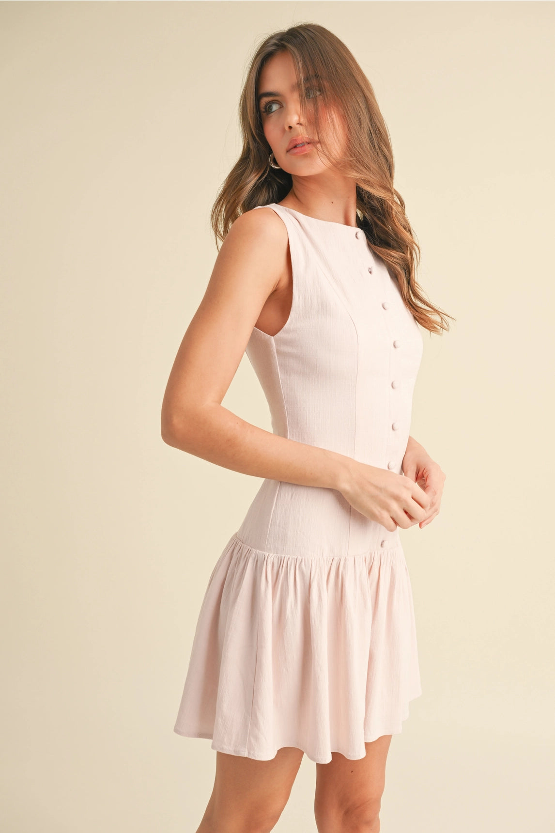 Stretchy Linen Drop Waist Mini Dress - Pink