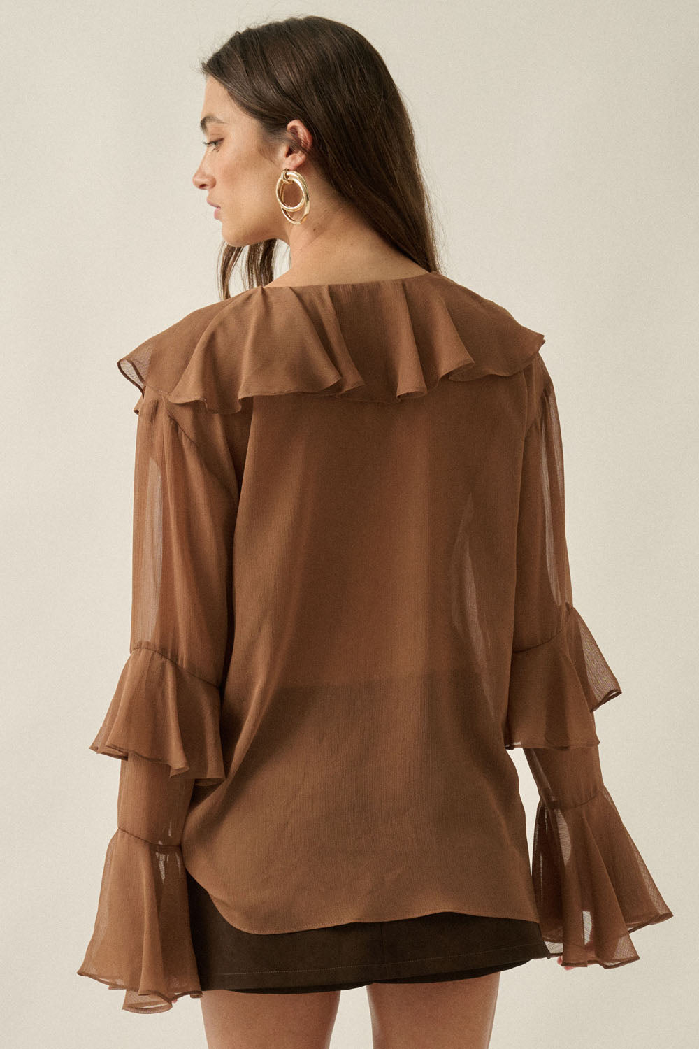Sheer Chiffon Ruffled Blouse - Brown