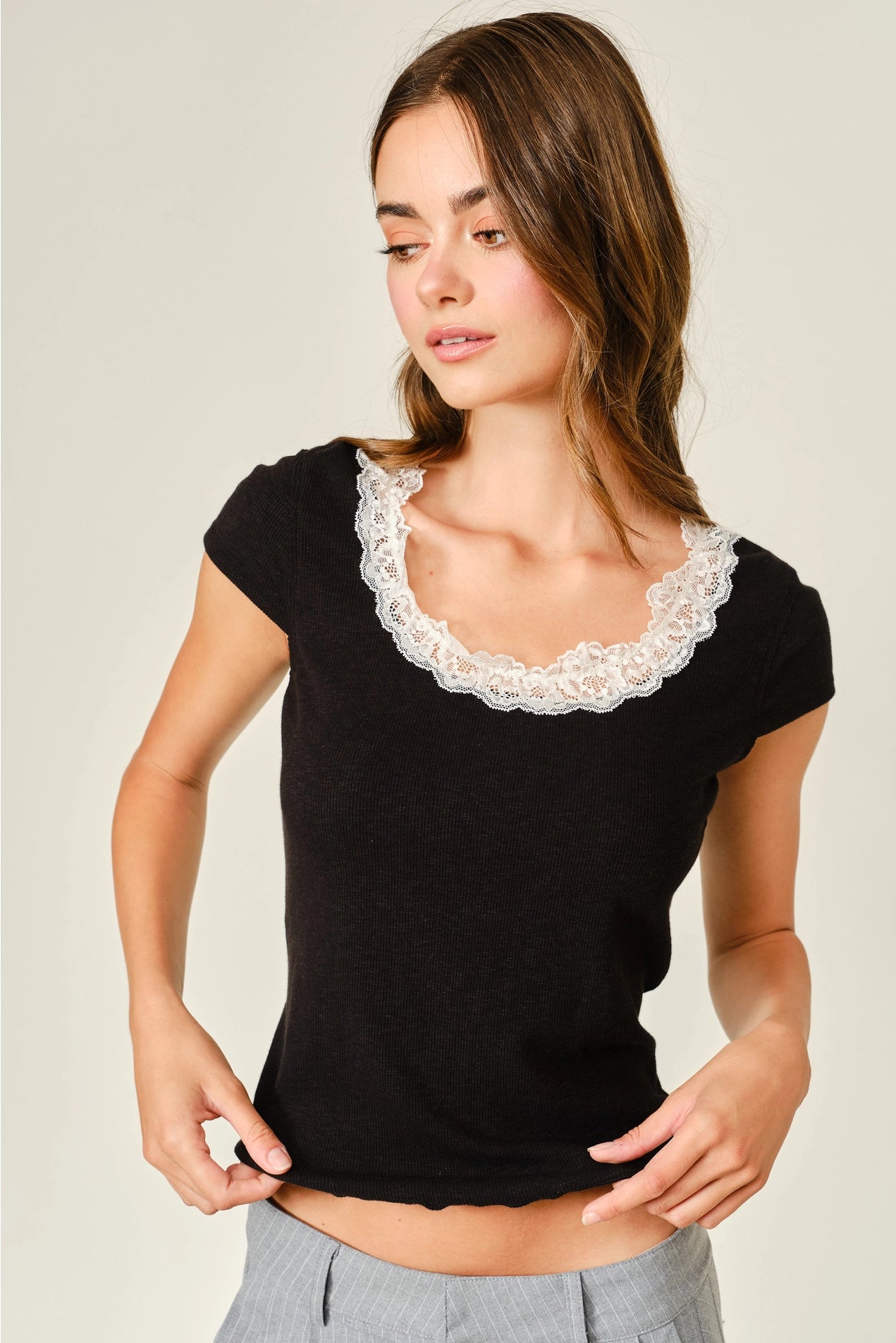 Lace Trim Short Sleeve Top