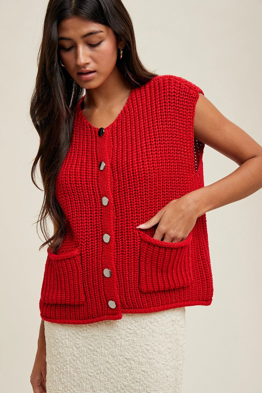 Button Up Sweater Vest - Red
