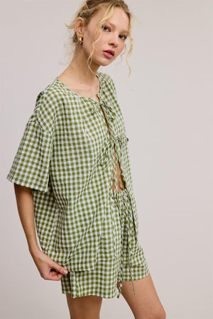 Gingham Ribbon Tie Shorts Set - Green