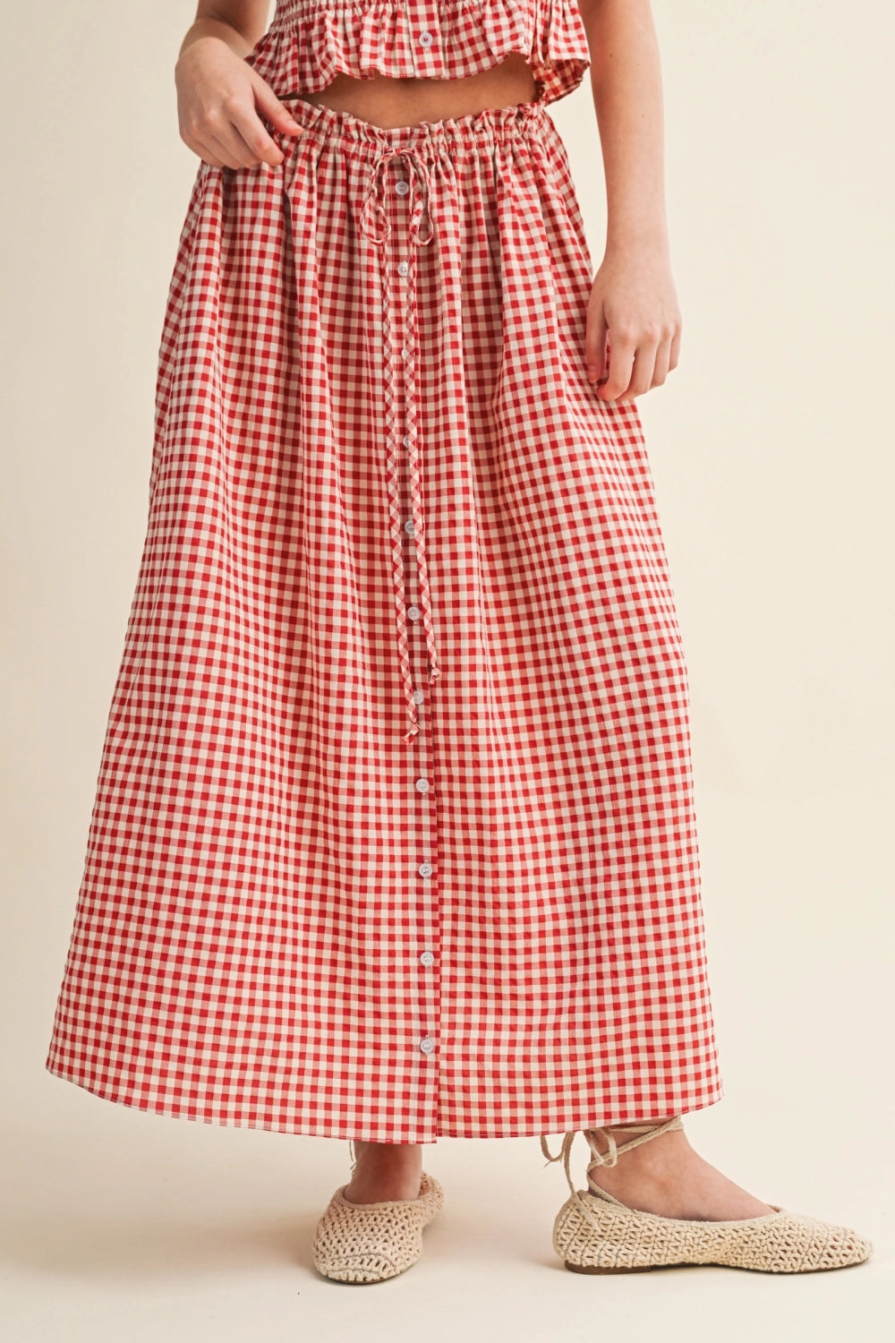 Gingham Button Down Maxi Skirt - Red