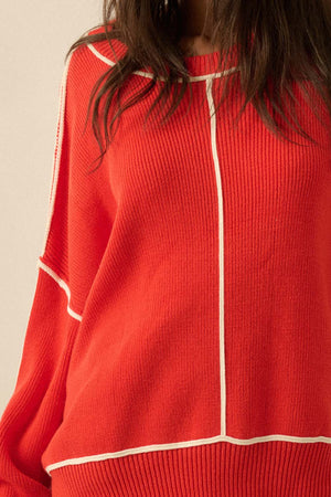 Ribbed Knit Oversized Sweater - Red