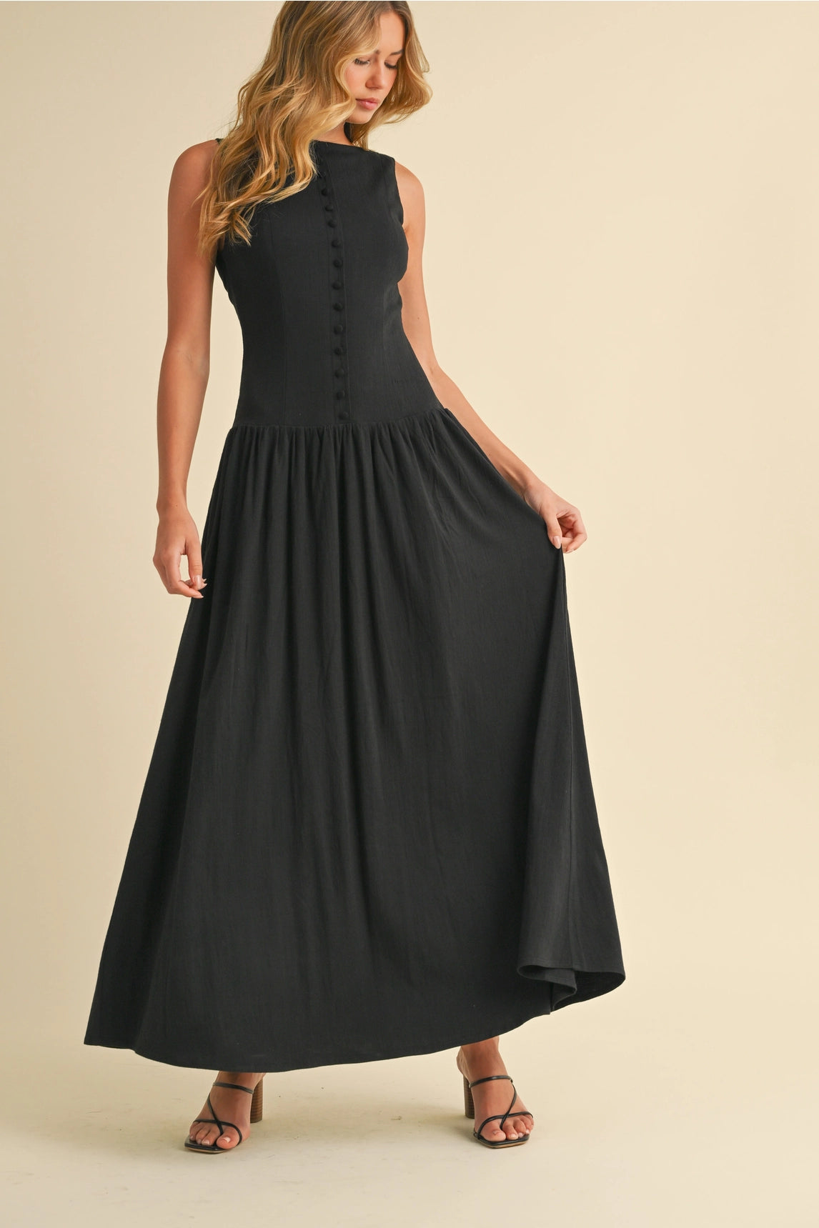 Linen Button Down Maxi Dress - Black