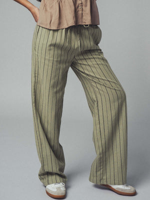Striped Linen Wide Leg Pants - Light Olive
