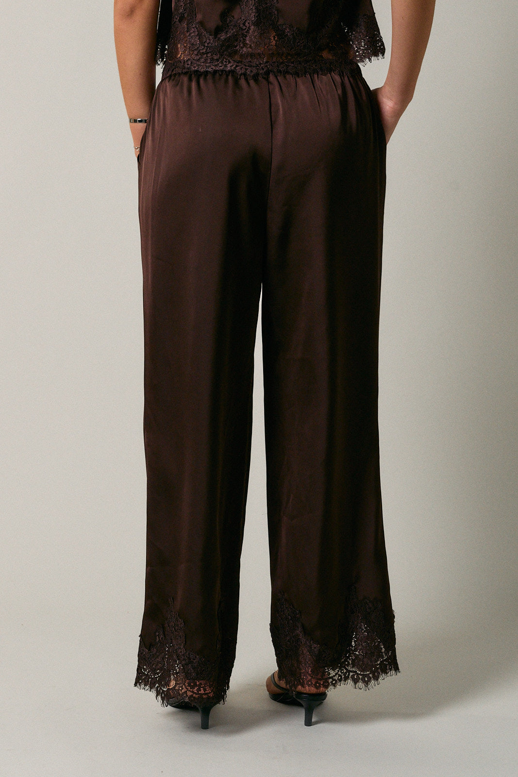 Satin Lace Trim Pants - Brown
