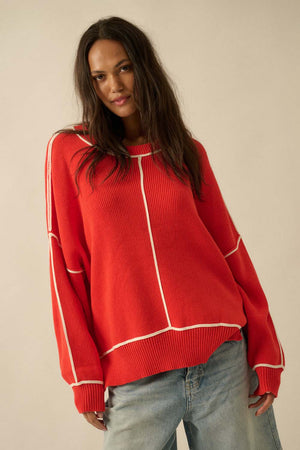 Ribbed Knit Oversized Sweater - Red