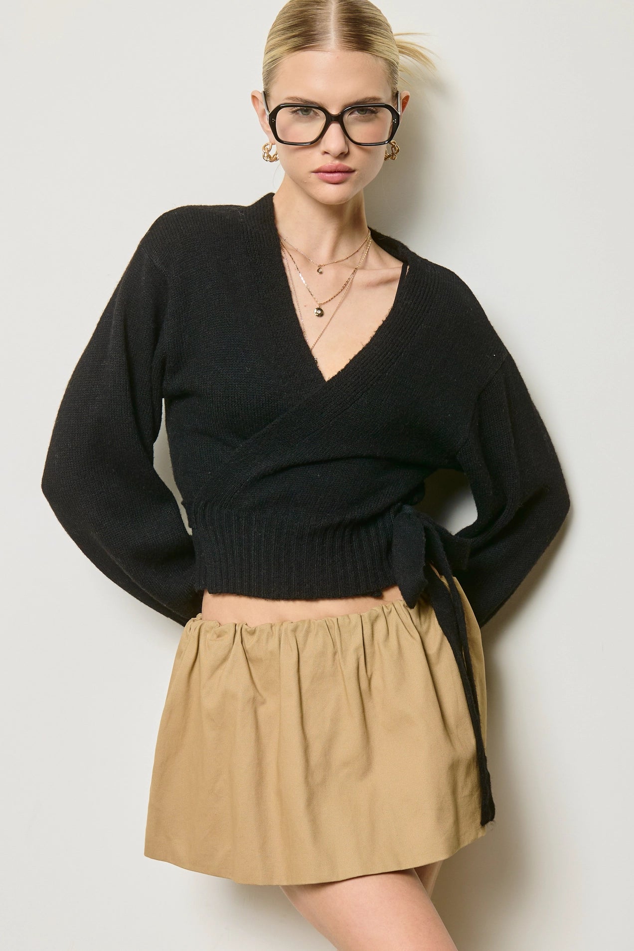 Wrap Tie Knit Sweater - Black