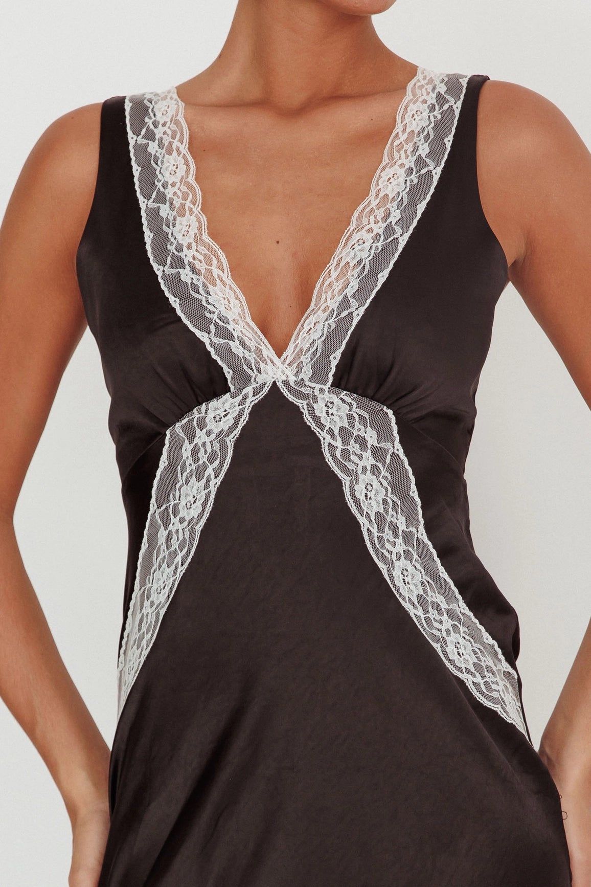 Lace Trim Satin Maxi Dress