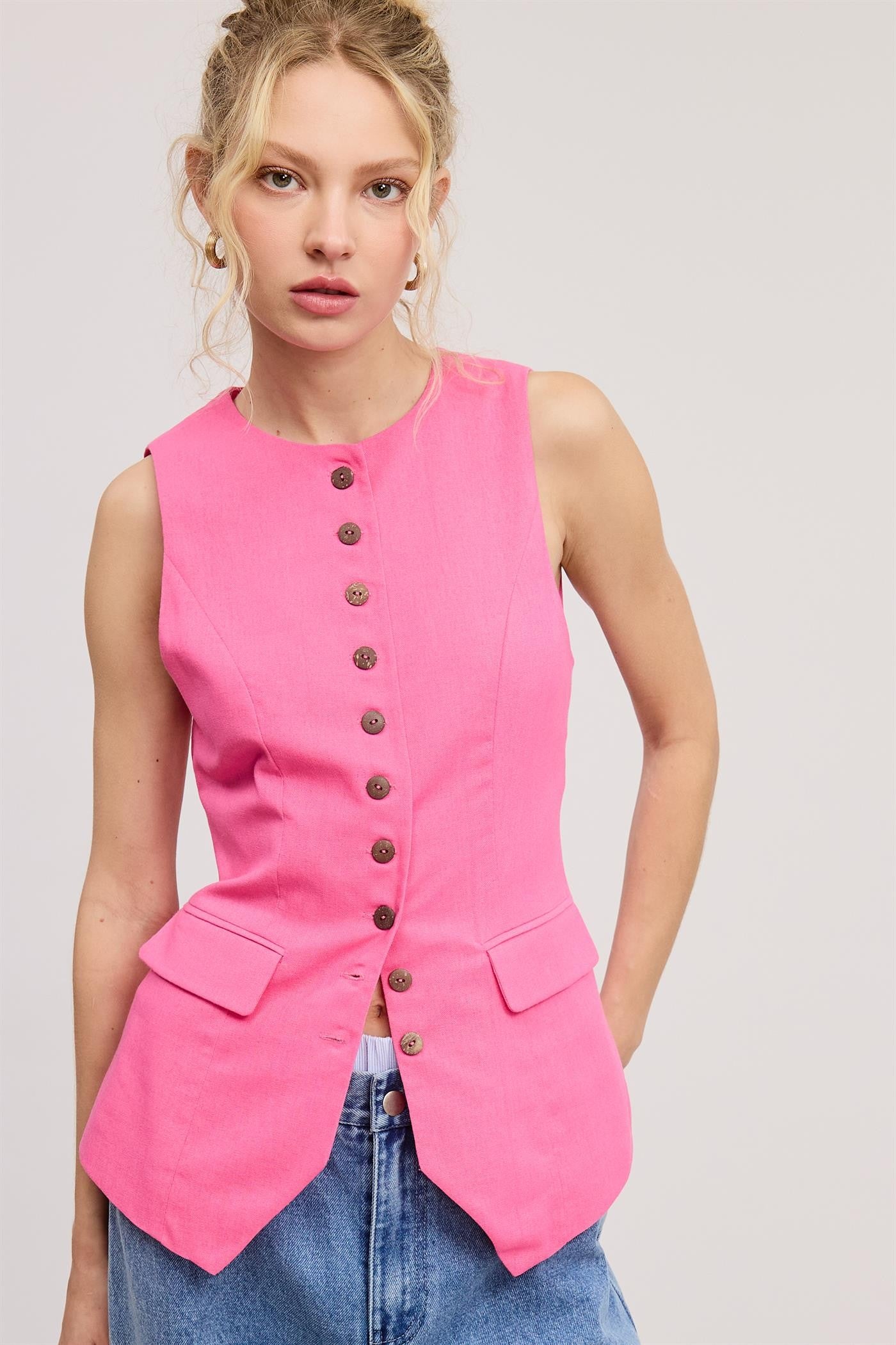 Tailored Long Line Vest - Pink