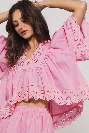 Flowing Hollow Laced Blouse - Pink