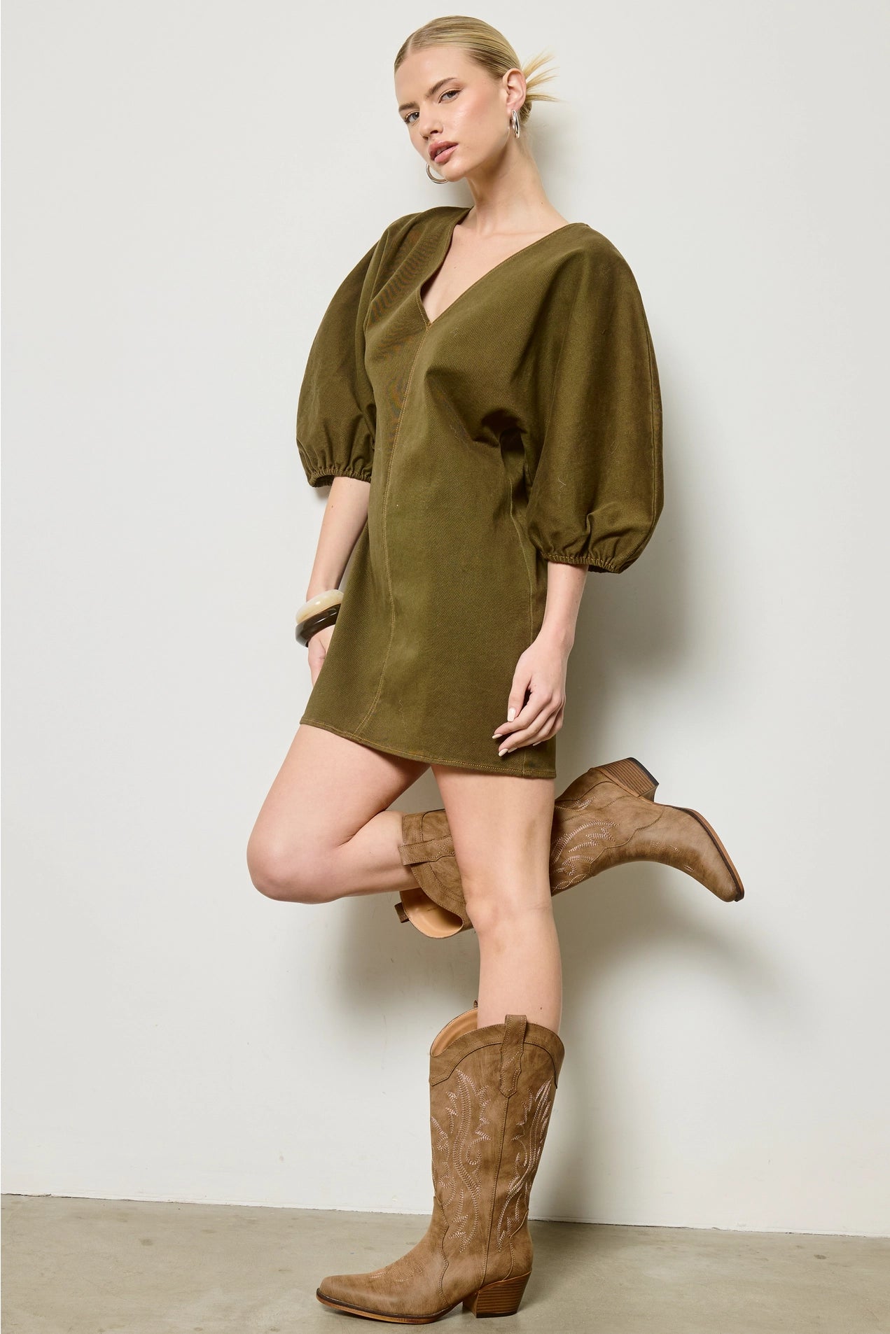 Denim Wash Balloon Sleeve Mini Dress