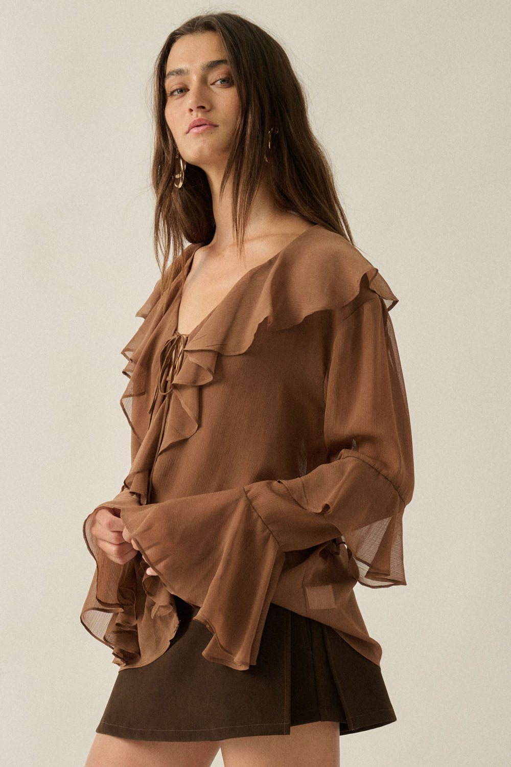 Sheer Chiffon Ruffled Blouse - Brown