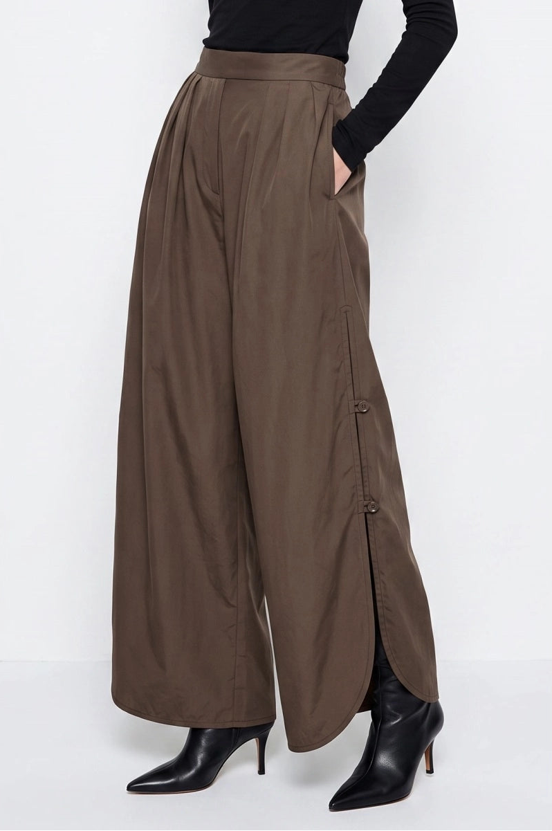 Button Side Slit Wide Leg Pants