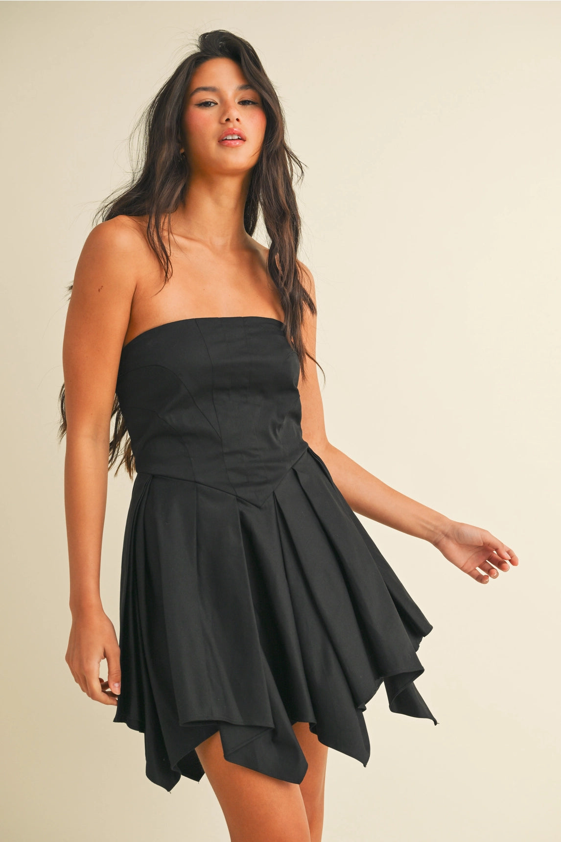 Structured Pleated Mini Dress - Black