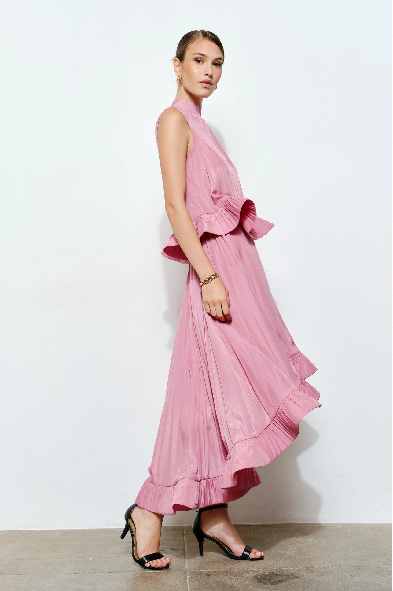 Ruffled High-Low Midi Skirt - Pink