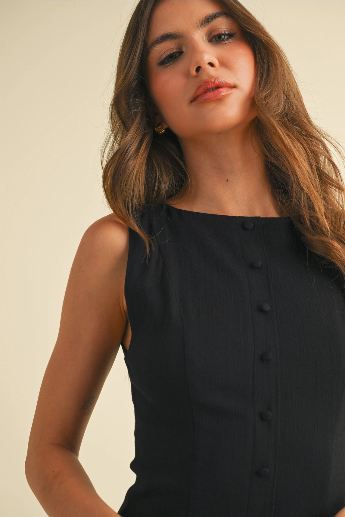 Stretchy Linen Drop Waist Mini Dress - Black