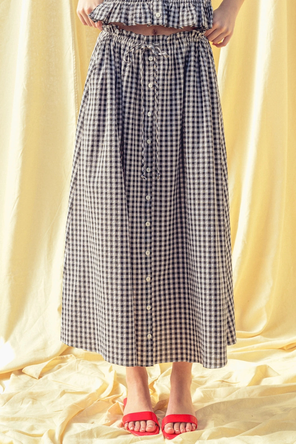 Gingham Button Down Maxi Skirt - Black