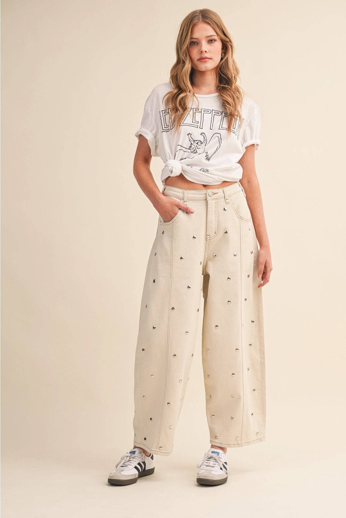 Studded Barrel Jeans - Cream