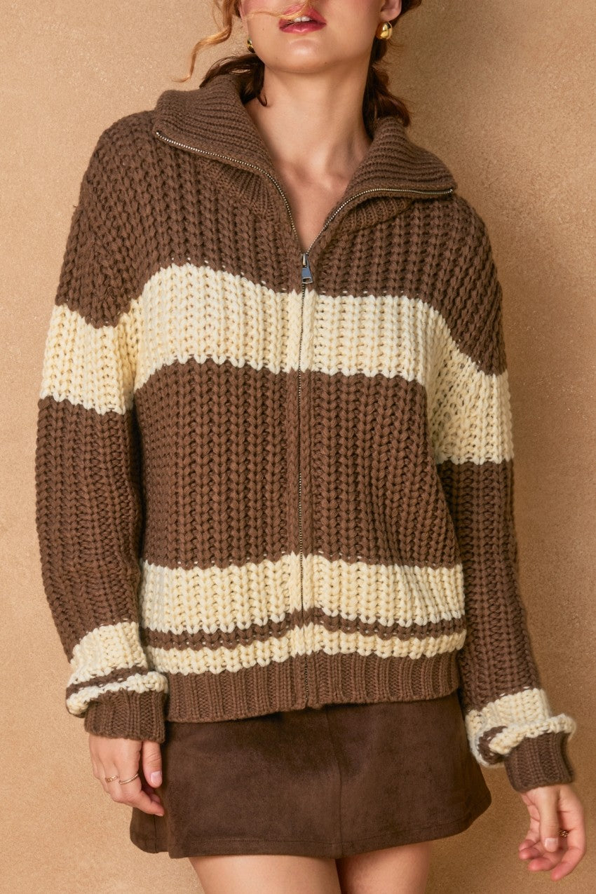Striped Sweater Jacket - Brown
