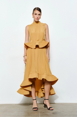 Ruffled High-Low Midi Skirt - Mustard