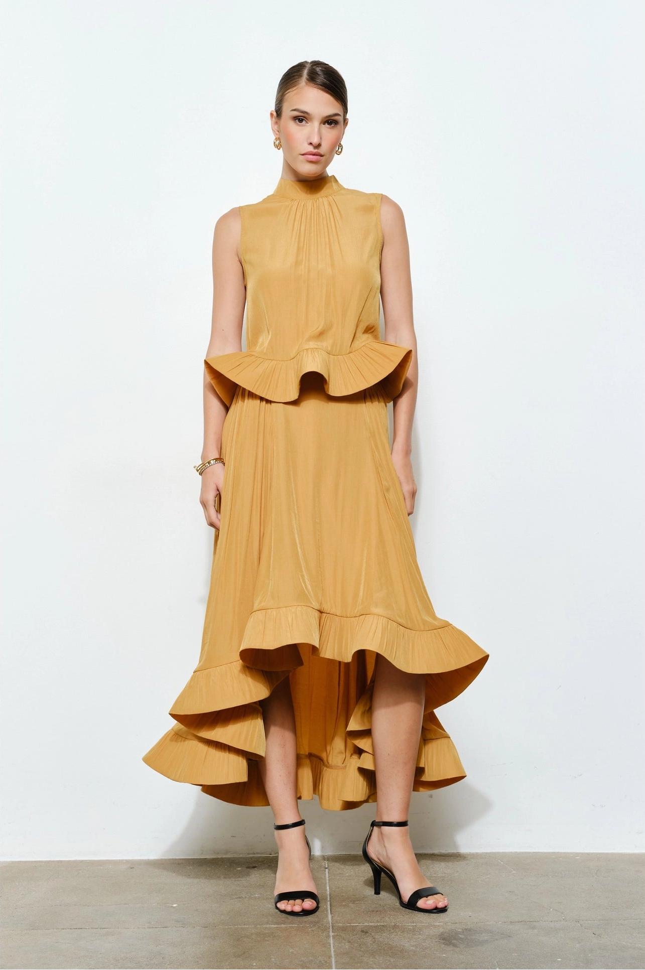 Ruffled Peplum High Neck Top - Mustard