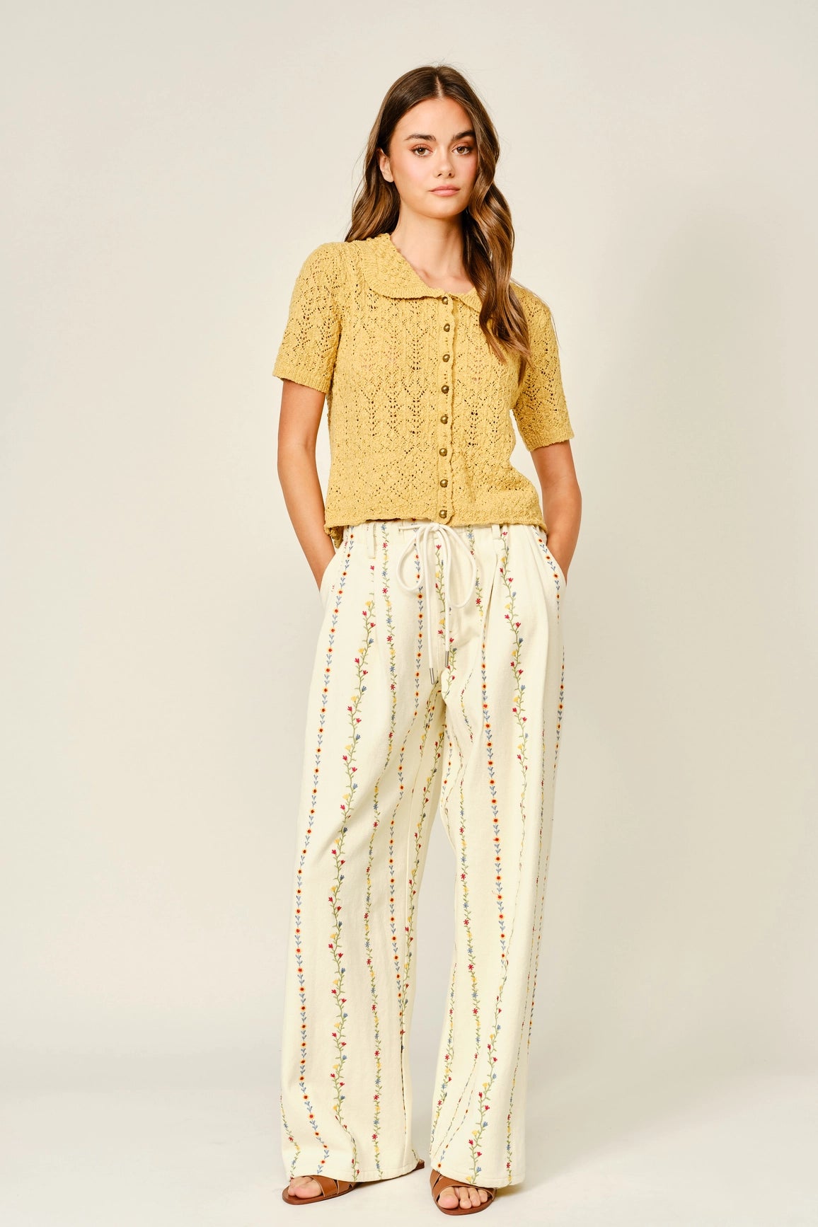 Floral Embroidered Pleated Pants