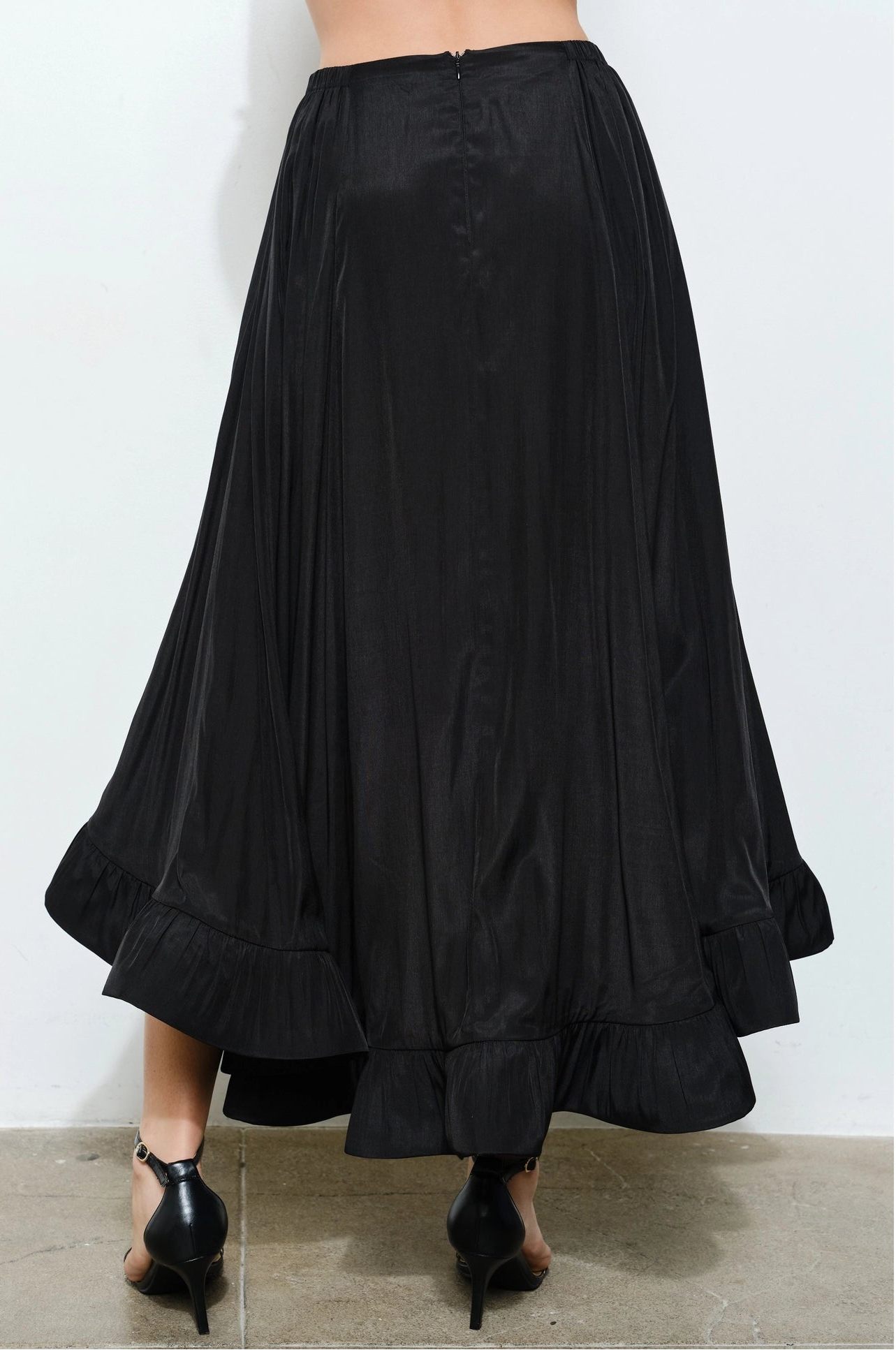 Ruffled High-Low Midi Skirt - Black