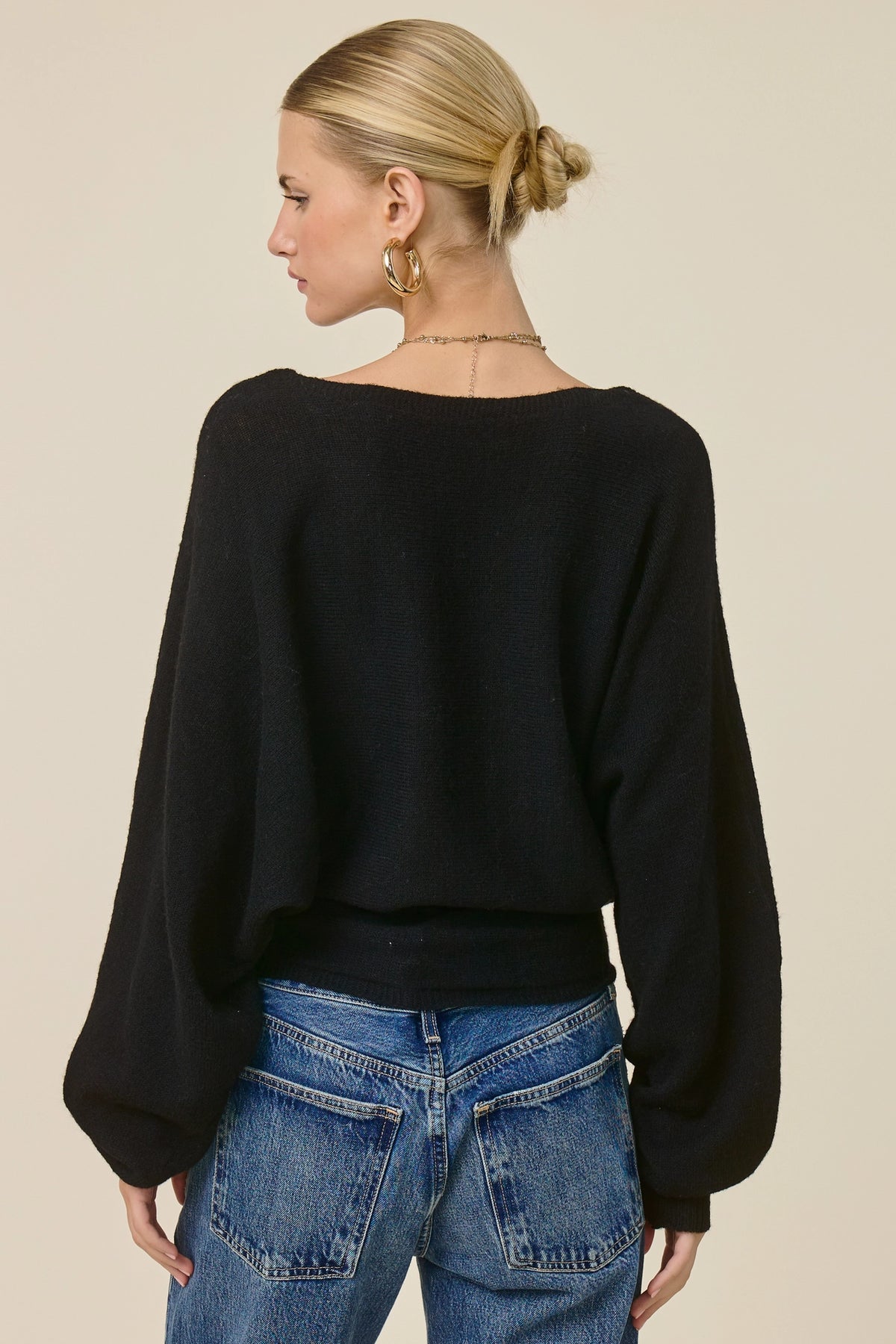 Slouchy Dolman Sleeve Knit Sweater - Black