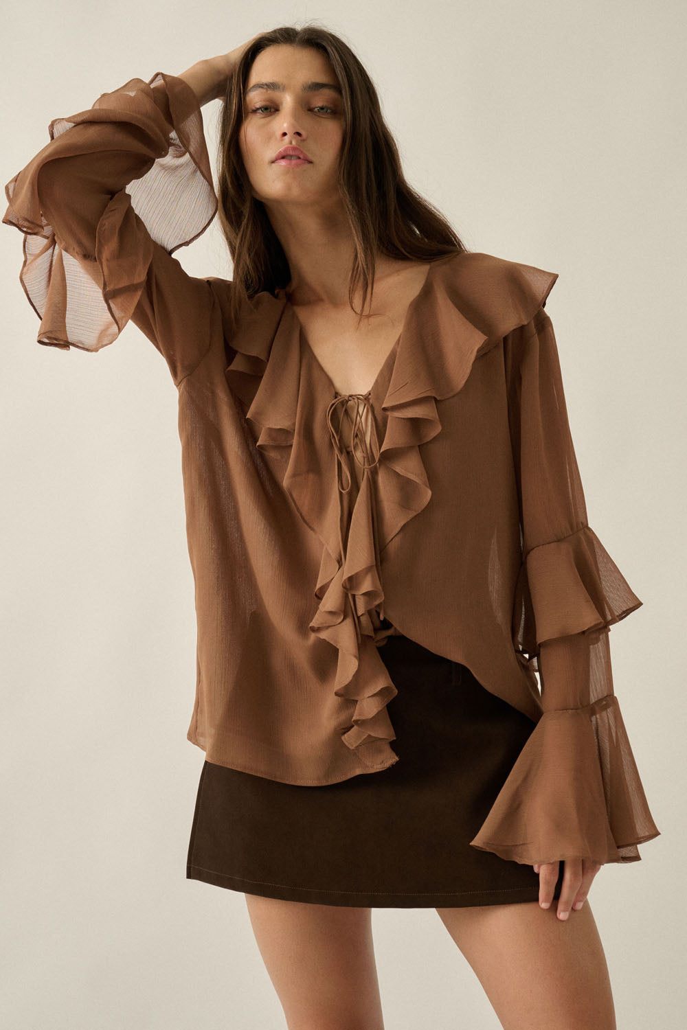 Sheer Chiffon Ruffled Blouse - Brown