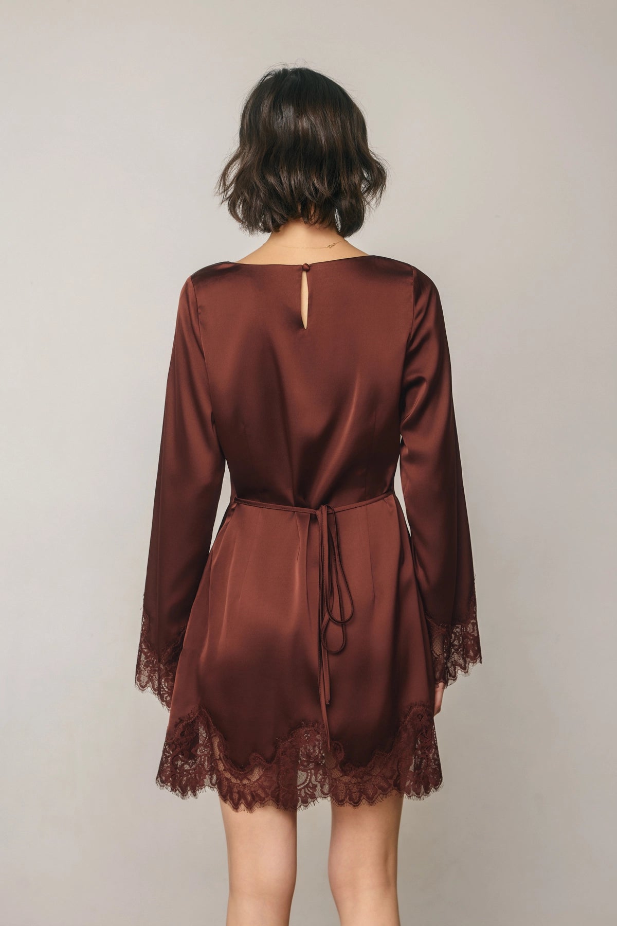 Satin Lace Mini Dress - Rum Raisin