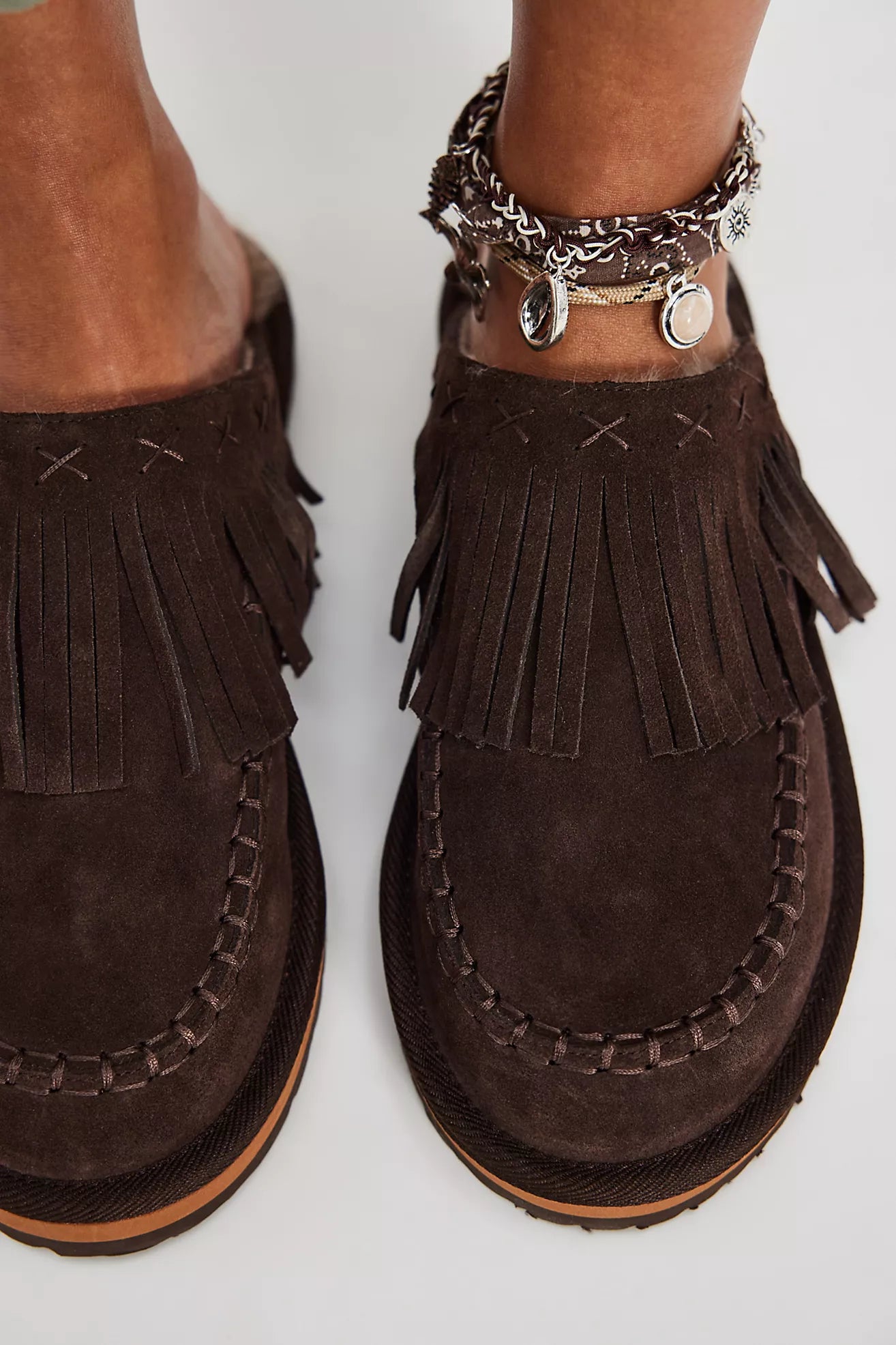 Free People - Fallon Fringe Mules - Chocolate Suede