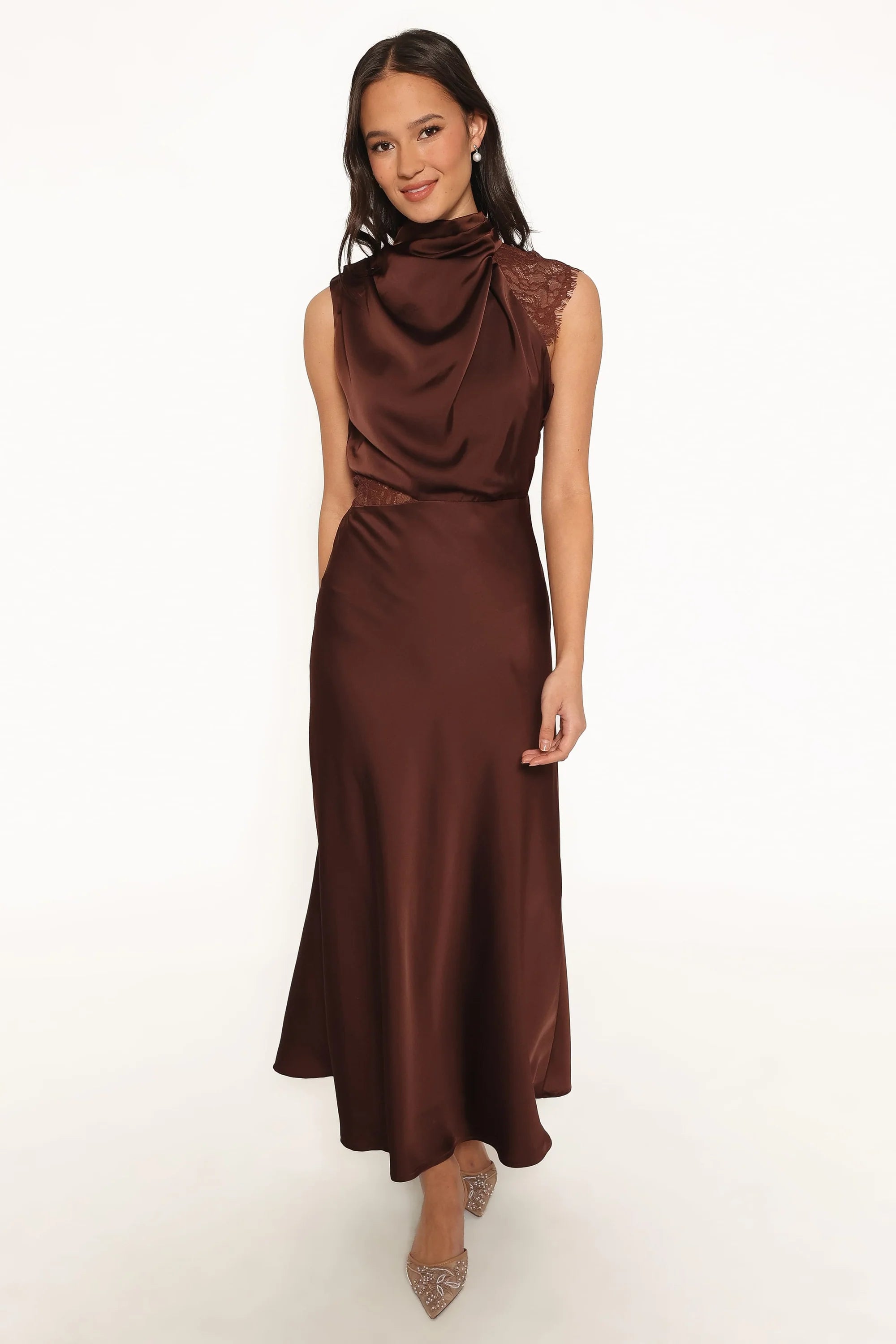 Petal & Pup - Anabelle Halter Neck Lace Maxi Dress - Chocolate Brown