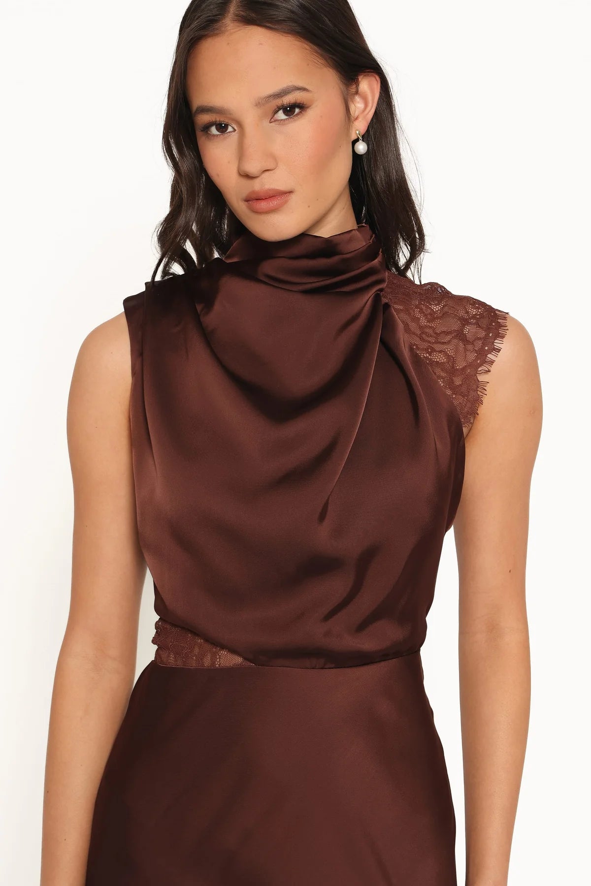 Petal & Pup - Anabelle Halter Neck Lace Maxi Dress - Chocolate Brown