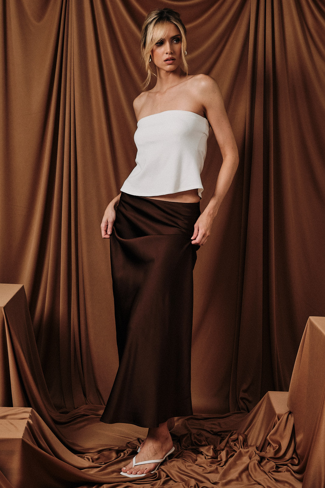 Satin Maxi Skirt - Brown