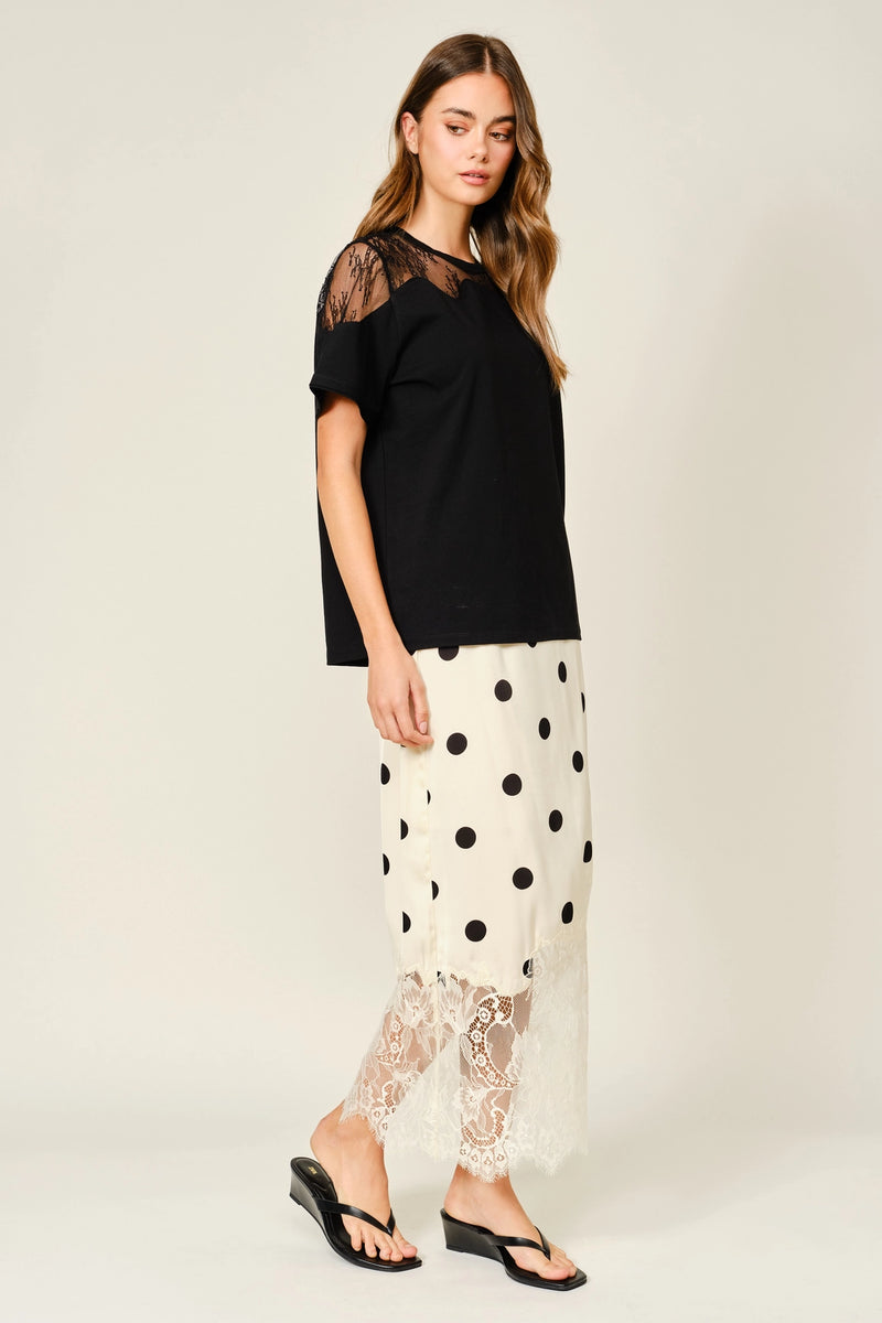 Polka Dot Lace Satin Midi Skirt