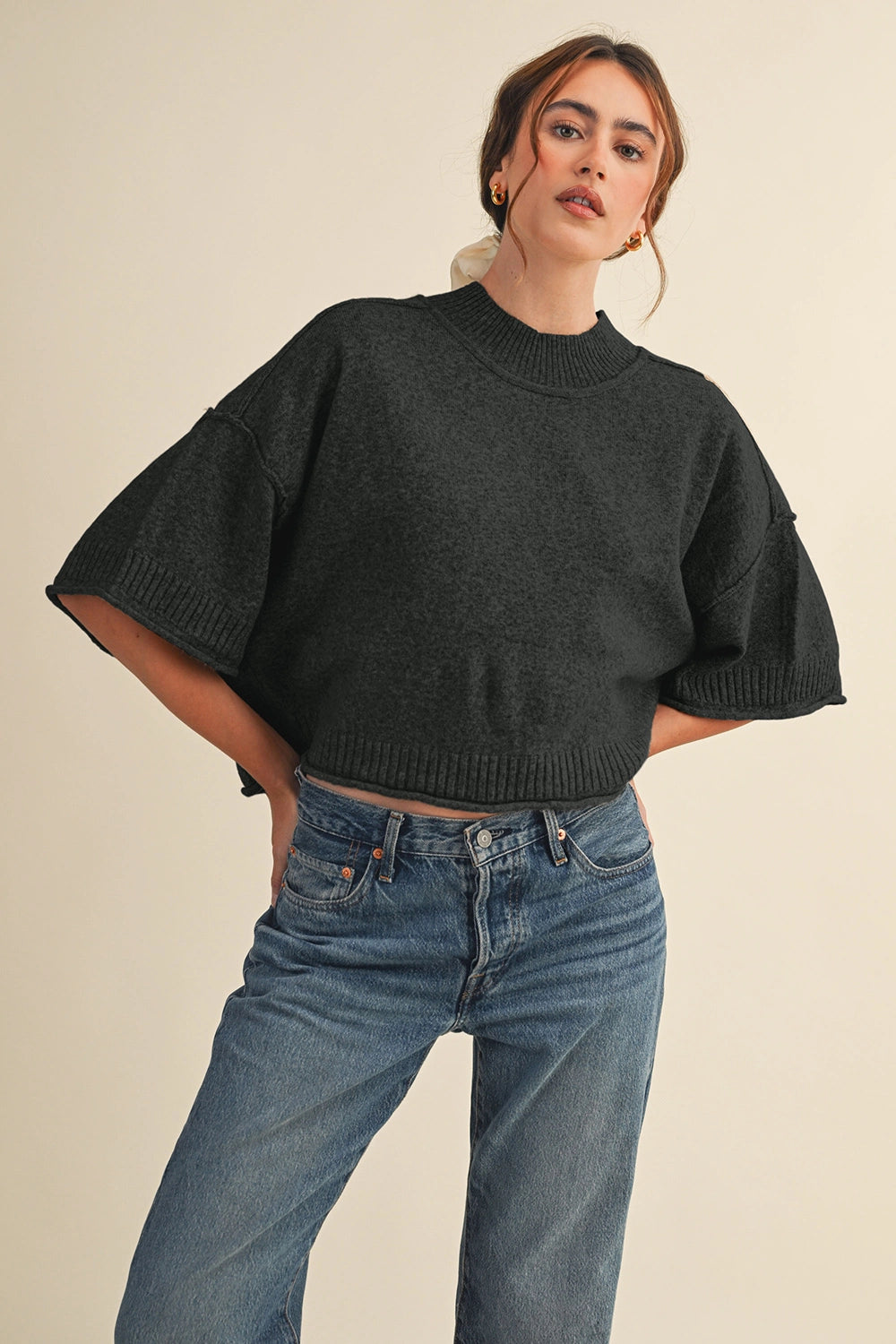 Cropped Knit Short Sleeve Sweater - Black