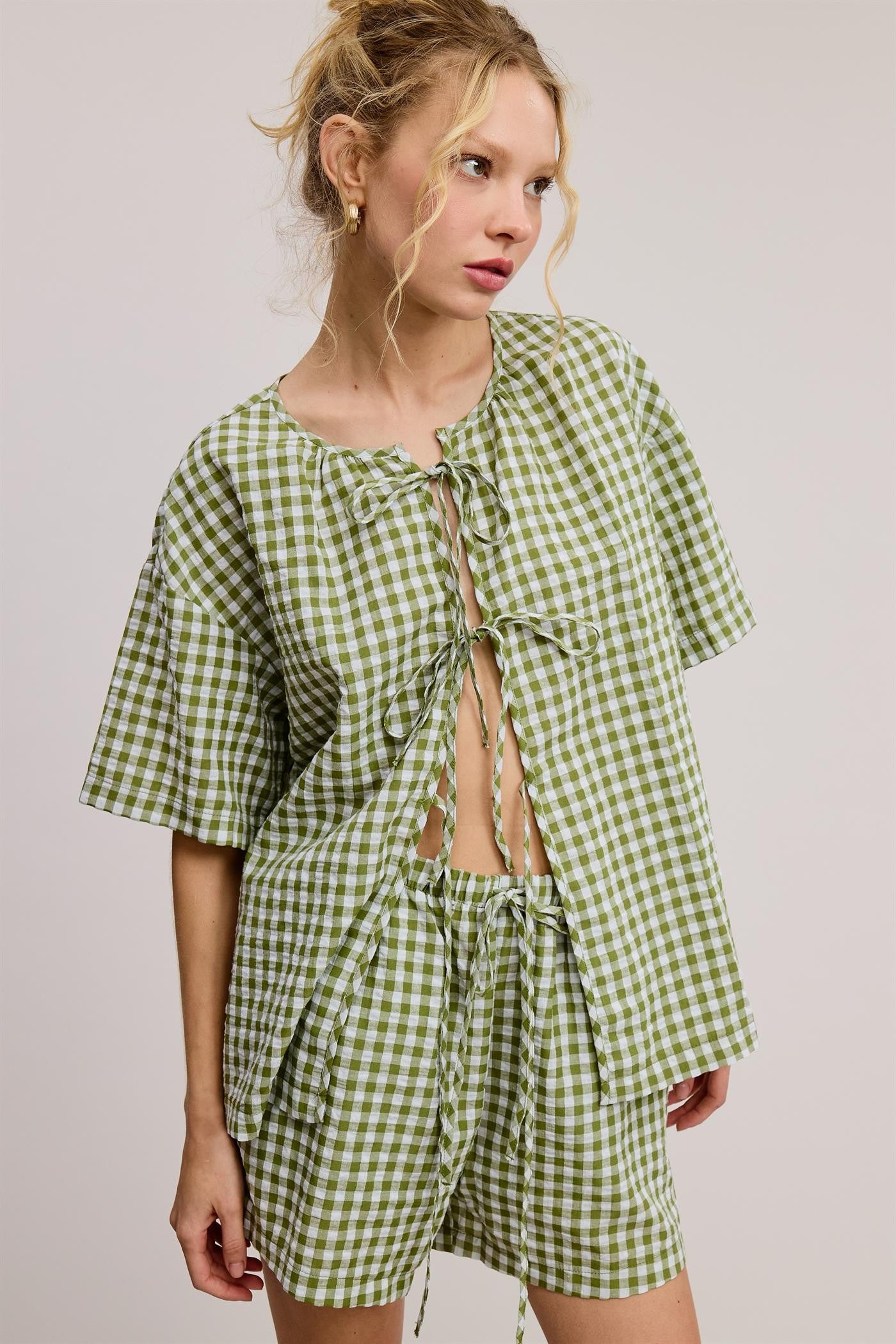 Gingham Ribbon Tie Shorts Set - Green