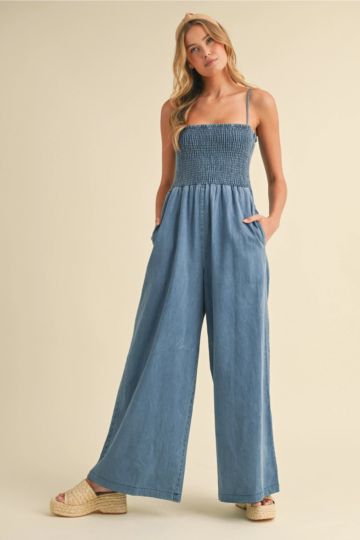 Becca Smocked Denim Jumpsuit