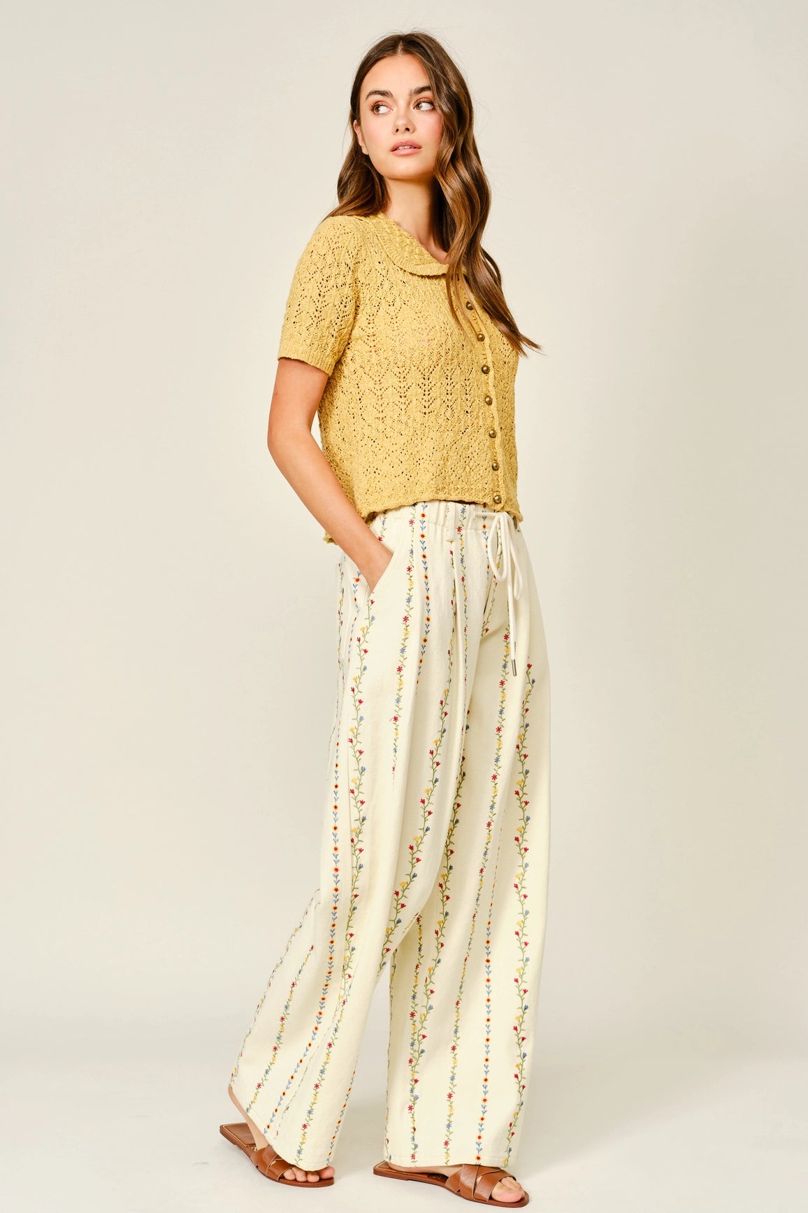 Floral Embroidered Pleated Pants