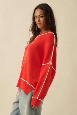 Ribbed Knit Oversized Sweater - Red
